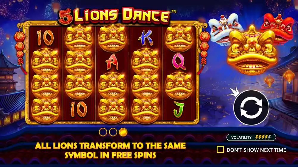 5 Lions Dance gameplay — example spin with Lion Reel bonus