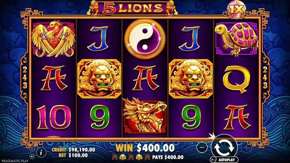 5 Lions base game — reels with dragon, phoenix and Lion Wild symbols