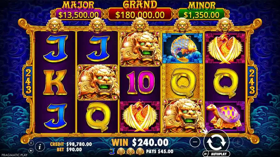 Wild golden lion symbol on reels 2–4 in 5 Lions Gold — with multipliers up to 40× in free spins