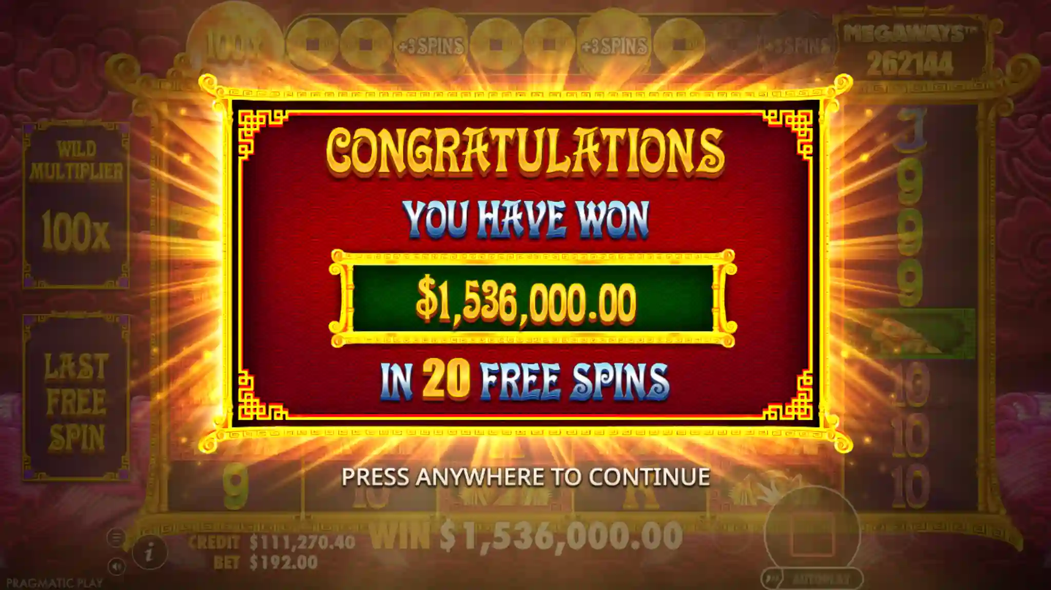 Big win in 5 Lions Megaways 2 — MAX Free Spins with 100× Wild multiplier and cascade chain