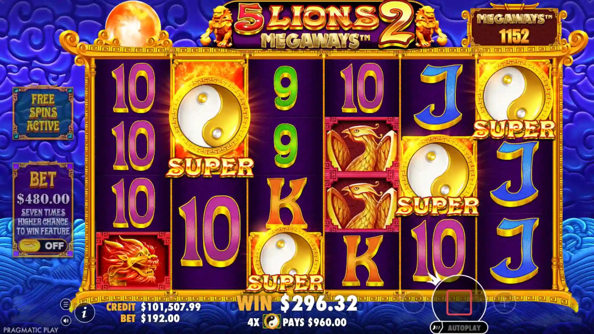 5 Lions Megaways 2 — Yin-Yang scatter symbols triggering free spins