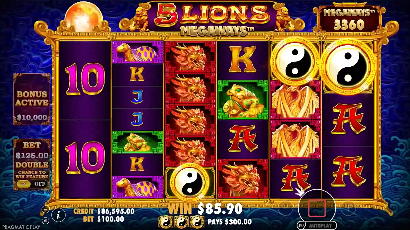 3 Yin-Yang scatters on 5 Lions Megaways reels — bonus trigger and free spins selection screen