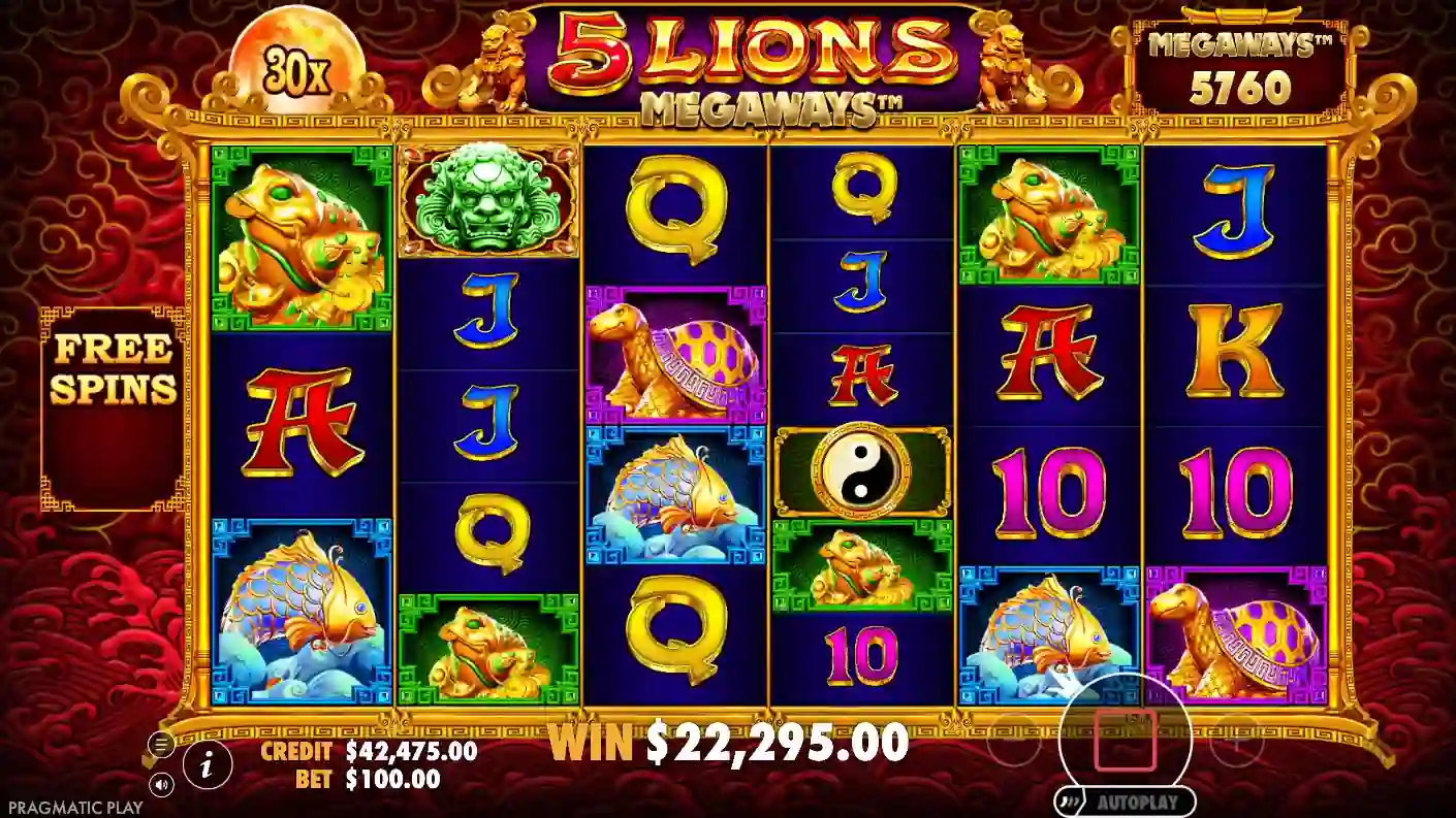 Tumble cascade in 5 Lions Megaways — winning symbols vanish and new ones drop in