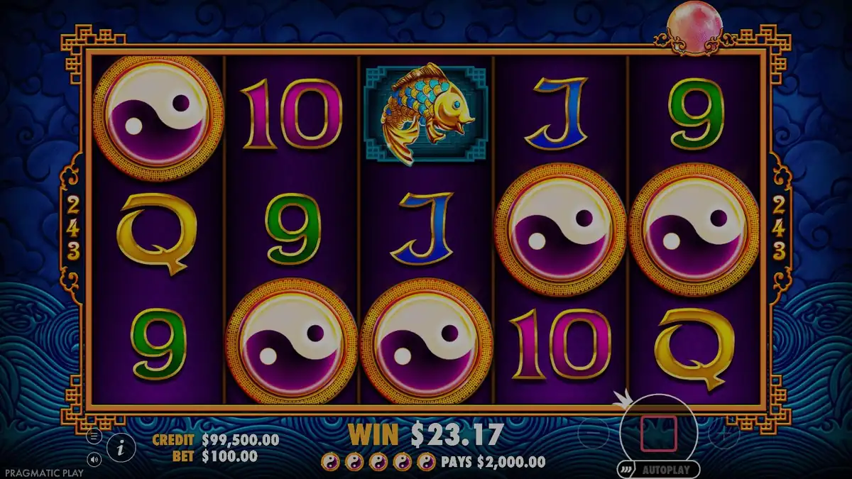 Five Yin Yang scatters on all reels — triggering the bonus round in 5 Lions